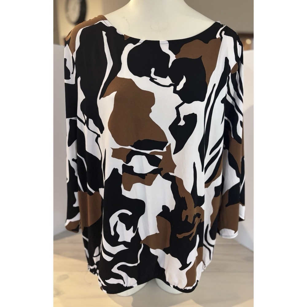 Chicos Abstract Floral Top Womens 3 Brown Cold Shoulder 3/4‎ Flare Sleeve Blouse